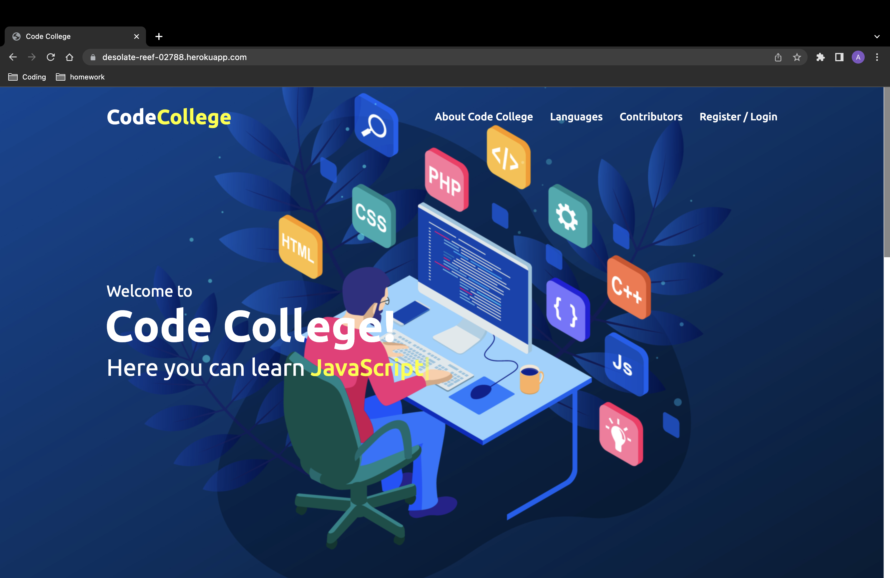 Screenshot of Code College deployed
