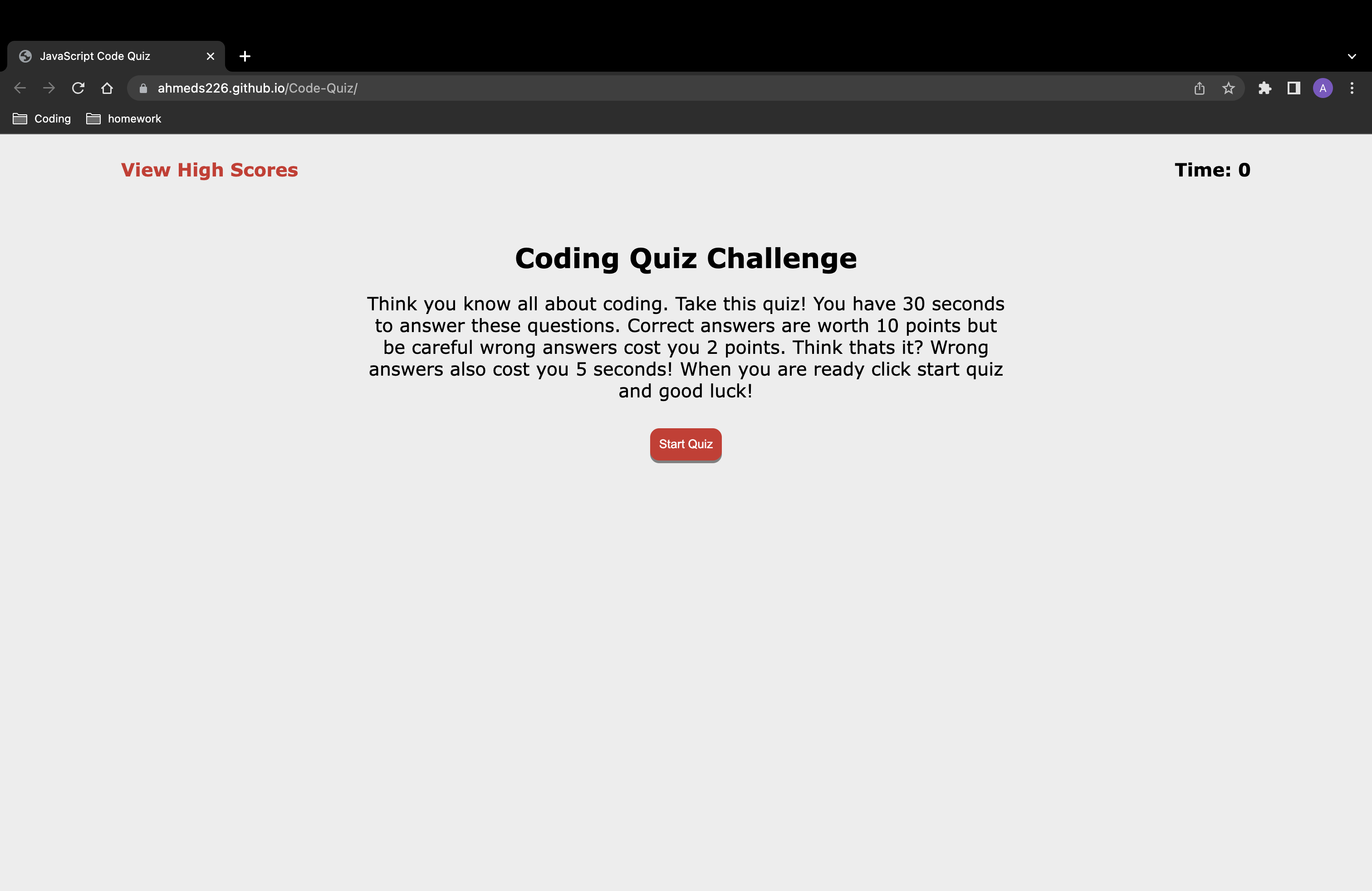 Screenshot of Code Quiz deployed