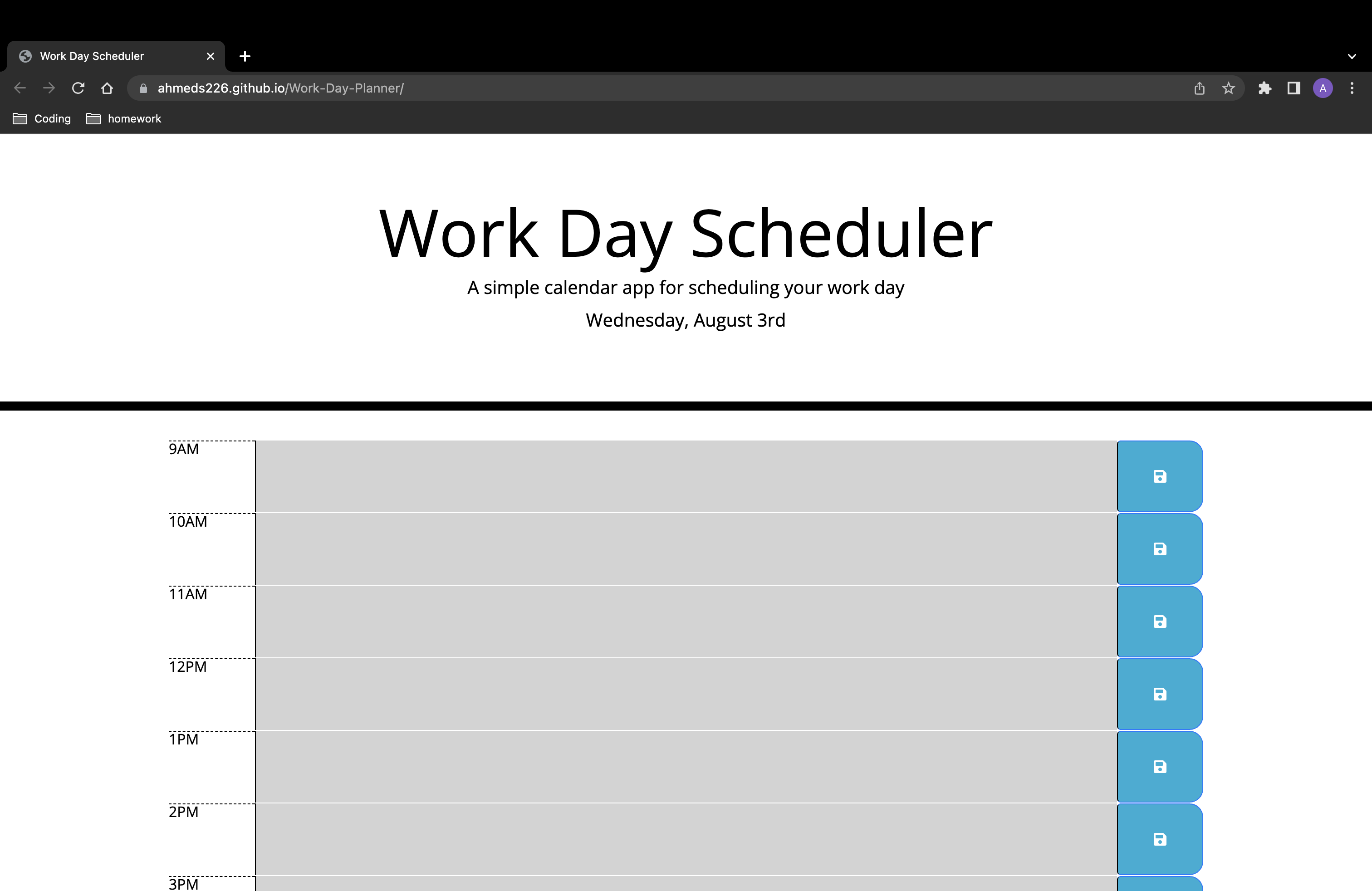 Screenshot of Work Day Planner deployed