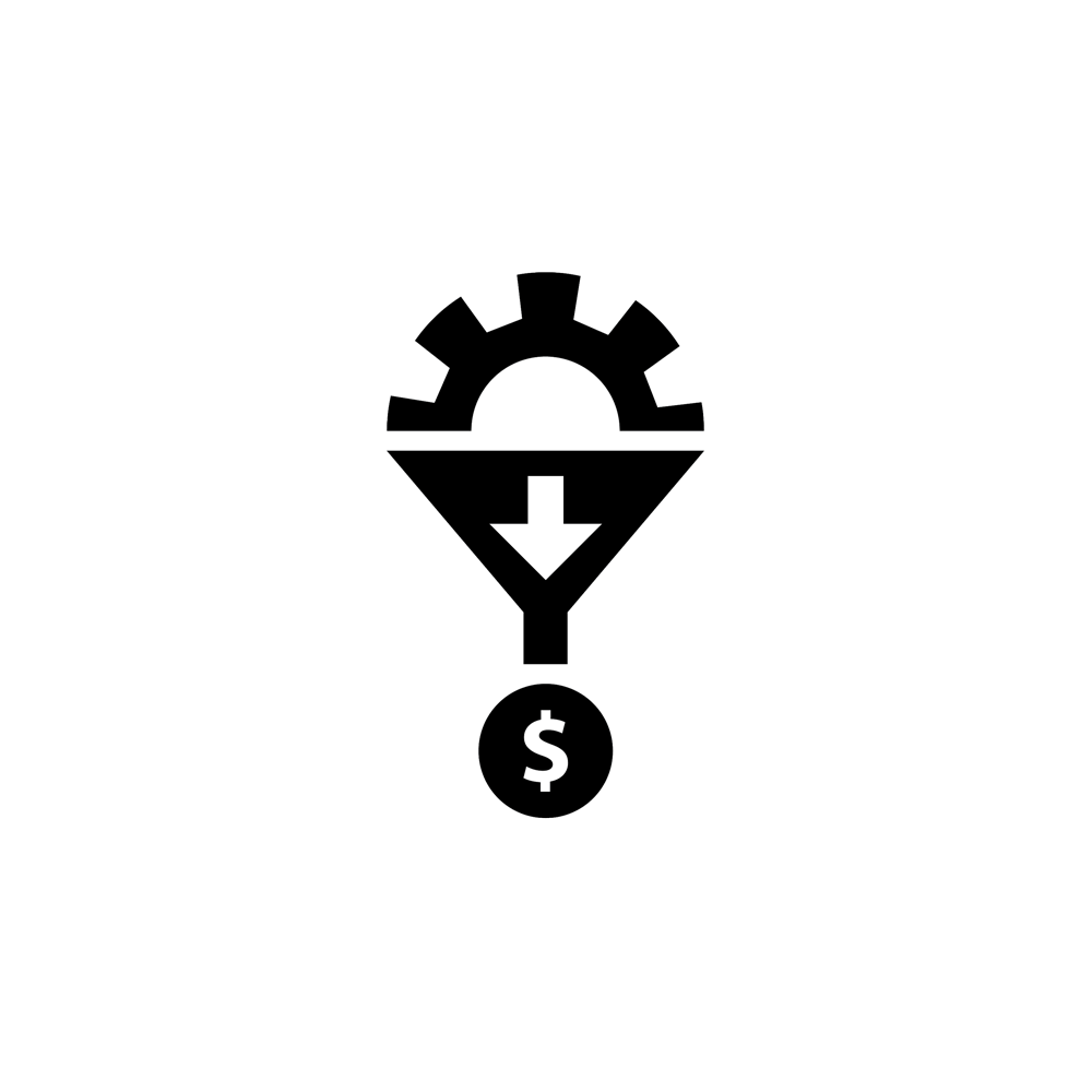 A gear going into a funnel creating money.