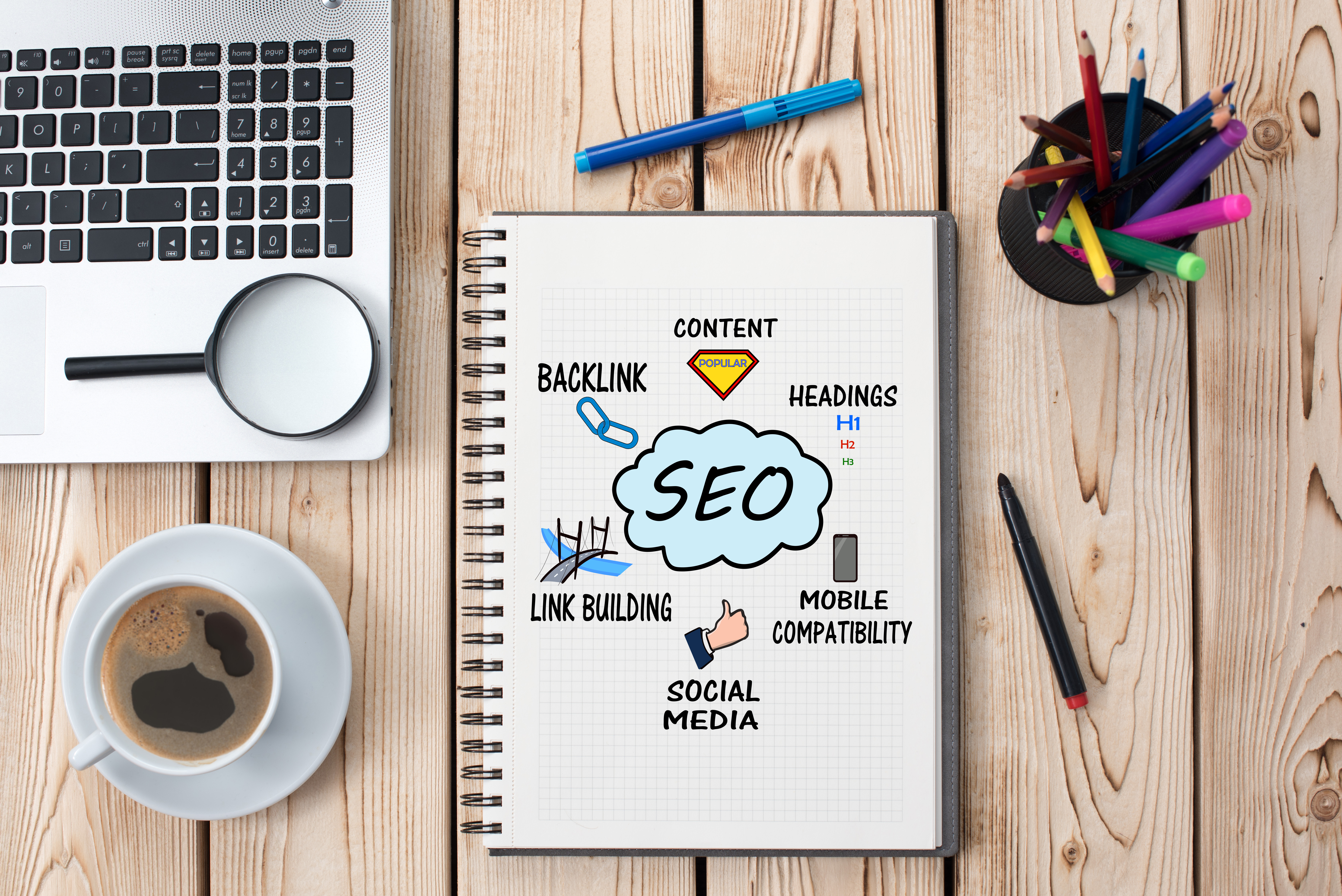 SEO spider diagram stating the 6 main methods of SEO. Social Media, Link Building, backlink, content, headings, mobile compatibility.
